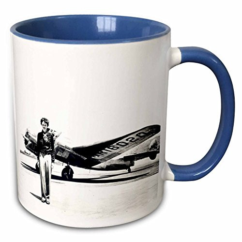 3dRose mug_62531_6"Old Photo Of Amelia Earhart With Lockheed Electra Model 10" Two Tone Blue Mug, 11 oz, Multicolor