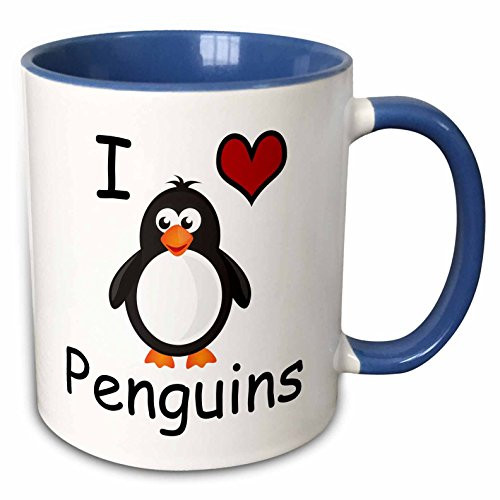 3dRose mug_123042_6" I love penguins Two Tone Mug, 11 oz, Blue/White