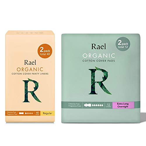 Rael Organic Cotton Panty Regular Liners 40 Count and Extra Long Overnight Pads 12 Count