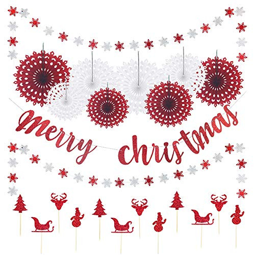 Christmas Decorations Christmas Party Decorations Christmas Party Supplies with Merry Christmas Banner Snowflake Decoration Paper Fan Flower Cake Toppers