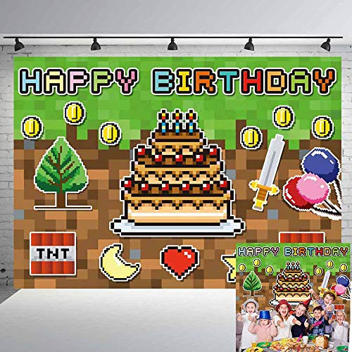 Pixelated Birthday Party Decoration Backdrop Birthday Banner Pixelated Miner Crafting Background Video Game Backdrop Block Games Sign Decoration for Pixelated Wall Decoration Photo Props