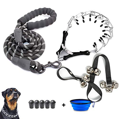 VCZONE Dog Prong Collar Adjustable Stainless Steel Pinch Collar Dog Doorbells Premium with Rubber Caps and Dog Leashes for Medium and Large Dogs Training Black VCZONE Dog Prong Collar Adjustable Stainless Steel Pinch Collar Dog Doorbells Premium with Rubber Caps and Dog Leashes for Medium and Large Dogs Training Black