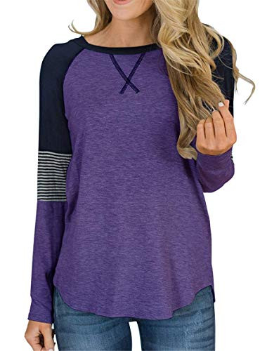 Youdiao Womens Long Sleeve Tops Color Block Side Split Casual T-Shirts Loose Tunic Tops Round Neck Striped Blouses Purple L