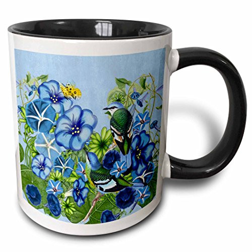 3dRose mug_79439_4"Morning Glory Garden September Birth Flower with Birds, Butterflies perfect for September Birthday" Two Tone Black Mug, 11 oz, Multicolor
