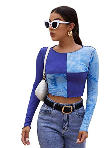 Floerns Womens Casual Long Sleeve Color Block Tie Dye Slim Fit Crop Top Tee Shirt Multicoloured M