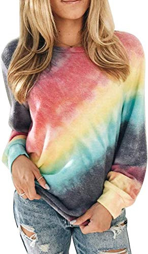 Womens Crewneck Sweatshirt Long Sleeve Tops Tie Dye Printed Colorblock Casual Loose Pullover Red-16 XX-Large