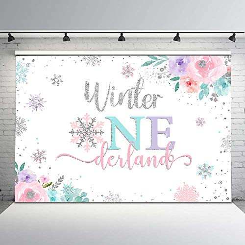 Avezano Winter Onederland Backdrop Girl Winter Onederland First Birthday Party Background 7x5ft Vinyl Blue Pink and Silver Snowflake First Birthday Backdrops