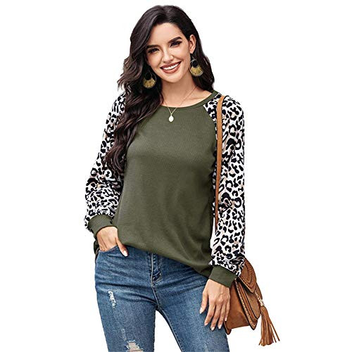 Womens Leopard Raglan Sleeve Blouse Casual Waffle Knit Long Sleeve Color Block Tunics T-Shirts Tops Green