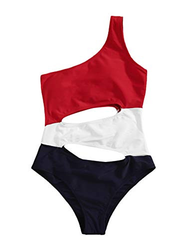 SweatyRocks Womens One Piece Swimsuits Color Block One Shoulder Cut Out Monokinis Bathing Suits Multicoloured S