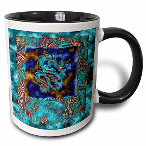 3dRose mug_40297_4" Chinese New Year, Dragon in Chinese, Aqua Dragon Two Tone Black Mug, 11 oz, Multicolor