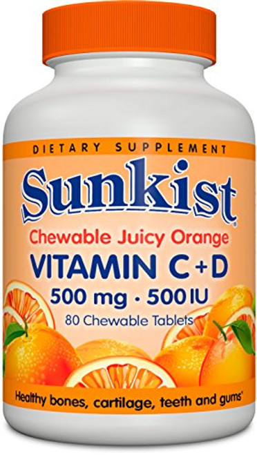 Sunkist Vitamin C and D Chewable Tablets 500 mg Juicy Orange 80 Count