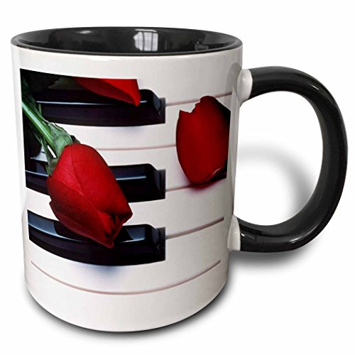 3dRose mug_56956_4 "Red Tulips On Piano Keys" Two Tone Black Mug, 11 oz, Multicolor