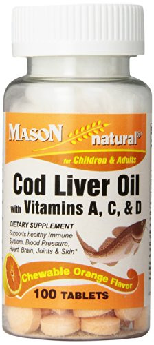 Mason Natural Cod Liver Oil With Vitamin A C   D Orange Flavor Chewable Tablets 100 Count Bottle pack of 3 Dietary Supplement Supports Healthy Heart Brain Blood Pressure and Immune System