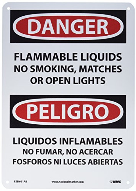 NMC ESD661AB Bilingual OSHA Sign Legend DANGER - FLAMMABLE LIQUIDS NO SMOKING MATCHES OR OPEN LIGHTS 10 Length x 14 Height 0_040 Aluminum BlackRed on White NMC ESD661AB Bilingual OSHA Sign Legend DANGER - FLAMMABLE LIQUIDS NO SMOKING MATCHES OR OPEN LIGHTS 10 Length x 14 Height 0_040 Aluminum BlackRed on White