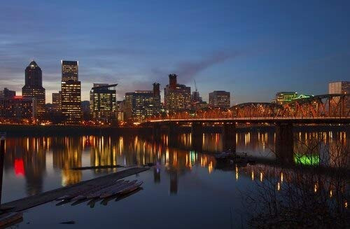 Posterazzi Downtown buildings lit up at waterfront Portland Oregon USA Poster Print 18 x 12