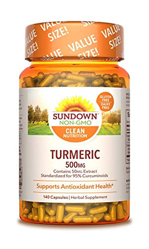 Turmeric Herbal Supplements by Sundown for Antioxidant Health Non-GMO Free of Gluten Dairy Artificial Flavors 500mg 140 Capsules