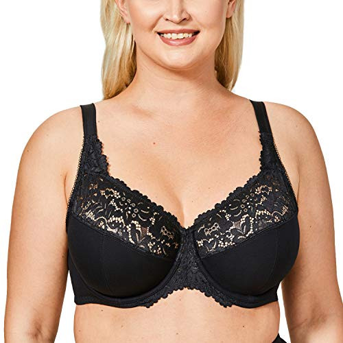 DELIMIRA Womens Plus Size Full Coverage Cotton Underwire Unlined Lace Bra Black 36F