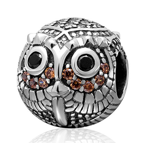 Owl Charm with Crystal Charm 925 Sterling Silver Animal Charm Bird Charm Wisdom Charm for Pandora Bracelet D