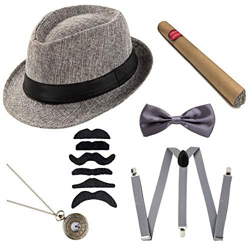 Xuhan Mens Roaring 1920s Great Gatsby Accessories Set Newsboy CapManhattan Hat Suspender Bow Tie B-Gray