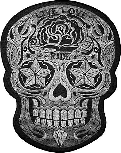 Large Size Papapatch Live Love Ride Sugar Candy Skull Head Star Eyes Biker Motorcycle Chopper Jacket Vest Embroidered Sew on Iron on Patch IRON-LIVE-LOVE-RIDE-SKULL-LARGE