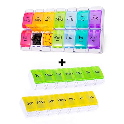 Weekly Pill Organizer 2 Times a Day and Weekly Pill Organizer 1 Time a Day Multi-Color and Yellow   Green
