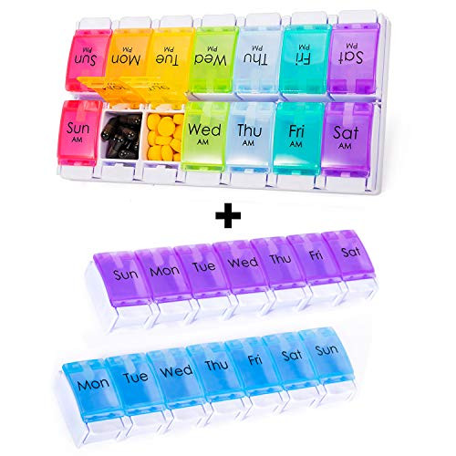 Weekly Pill Organizer 2 Times a Day and Weekly Pill Organizer 1 Time a Day Multi-Color and Blue   Purple