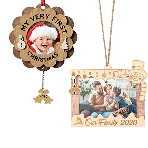 Creawoo 2020 My Very First Christmas Our Family Picture Ornament Wooden Christmas Keepsake Ornaments Personalized Gift for Newborn Baby and New Family