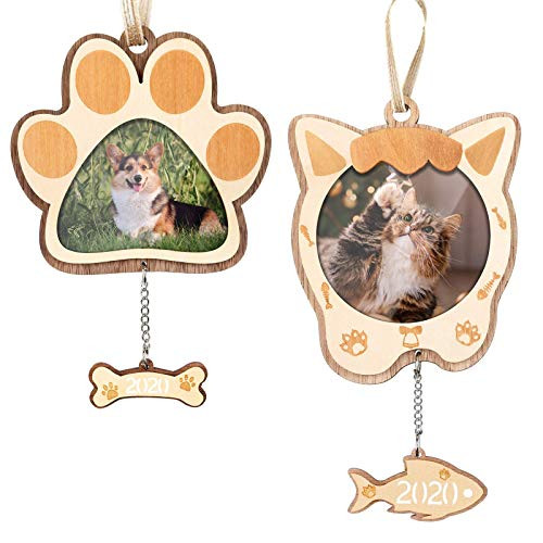 Creawoo 2020 Cat and Dog Picture Ornament Christmas Photo Frame Ornament Wooden Pet Frame Keepsake