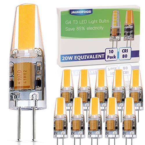 JAUHOFOGEI 10pcs G4 Bi Pin Base 2W LED COB Bulbs 12V AC DC 20W Glass Halogen Light Bulb Replacement Warm White 2800K JC T3 for Under Cabinet Puck Light Landscape Lighting