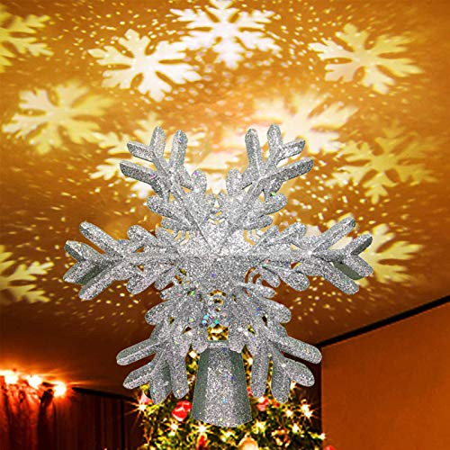 NIGHT-GRING Christmas Tree Topper Lighted Star Tree Topper with Rotating Snowflake Projector Lights 3D Glitter Hollow Snowflake Tree Topper for Christmas Tree Decorations Silver