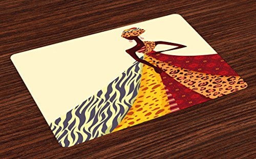 Ambesonne Modern Place Mats Set of 4 Girl Posing with a Dress of Different Design Patterned Image Print Washable Fabric Placemats for Dining Room Kitchen Table Decor White Teal