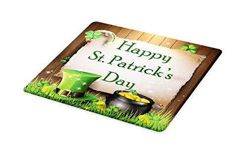 Ambesonne St_ Patricks Day Cutting Board Happy Celebration Text on Wooden Planks Gold and Hat Irish Tradition Decorative Tempered Glass Cutting and Serving Board Small Size Brown Cream