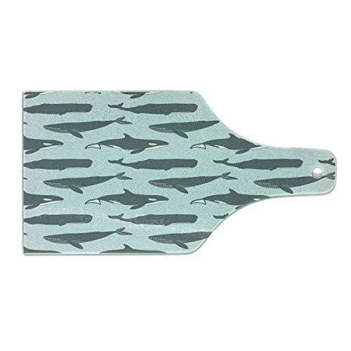 Lunarable Whale Cutting Board Ocean Sperm and Killer Whales Under Sea Swimming Marine Wildlife Illustration Tempered Glass Serving Board Wine Bottle Shape Medium Size Blue Grey