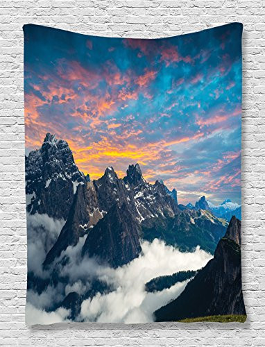 Ambesonne Mountain Tapestry Alpine Scenery Foggy Italian Natural Park Vivid Sky Above Clouds Photography Wall Hanging for Bedroom Living Room Dorm Decor 60 X 80 White Black