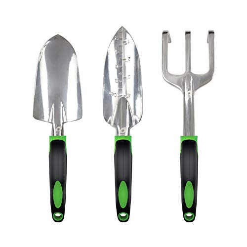 ROSEFEAST Garden Tool Set 3 Piece Cast-Aluminum Heavy Duty Gardening Kit Includes Hand Trowel Transplant Trowel and Cultivator Hand Rake ? Outdoor Garden Gifts for Men Women