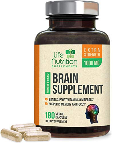 Brain Supplement Extra Strength Nootropics 1000mg - Made in USA - Natural Support for Memory Focus Concentration and Clarity with Bacopa Monnieri for Men and Women - 180 Capsules