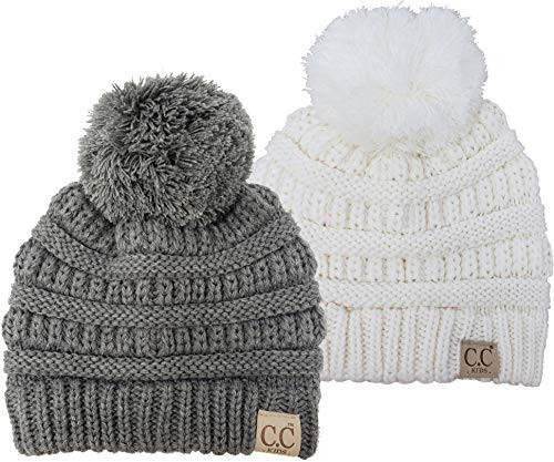 Kids POM Beanie Bundle - Ivory   Melange Grey 2 Pack