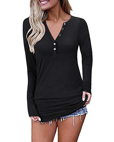 OUGES Womens Long Sleeve V-Neck Button Causal Tops Blouse T ShirtBlackL