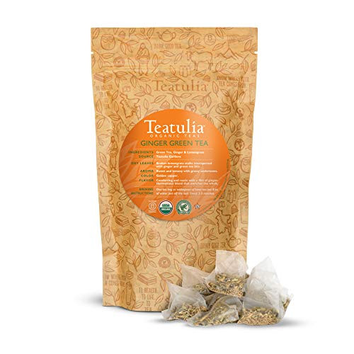 Teatulia Organic Whole-Leaf Ginger Green Tea Bulk Pack 50 Premium Corn Silk Pyramid Tea Bags  Natural Caffeine   Award Winning Tea for Organic Tea Lovers