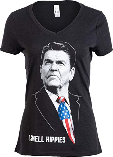 I Smell Hippies  Funny Ronald Reagan Conservative Merica USA Women Top T-Shirt-VneckS Vintage Black