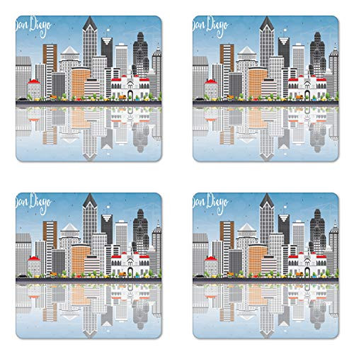 Ambesonne San Diego Coaster Set of 4 San Diego Skyline with Grey Buildings Blue Sky and Reflections Downtown Panorama Square Hardboard Gloss Coasters Standard Size Grey Blue