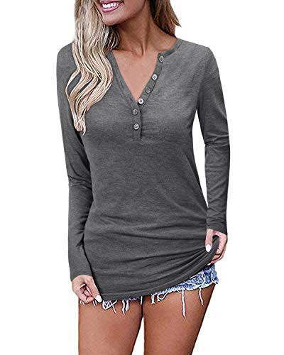OUGES Womens Long Sleeve V-Neck Button Causal Tops Blouse T ShirtDark GrayM
