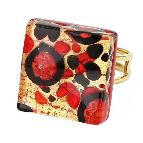 GlassOfVenice Murano Glass Venetian Reflections Square Adjustable Ring - Black Red