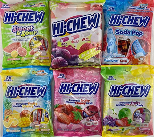 Hi Chew 6 Different Flavors Variety Pack Fruit Mix Tropical Mix exclusive Sweet and Sour Strawberry Original Mix and Fizzies Pack of 6