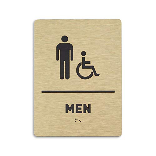 Men Restroom Identification Sign - Wheelchair Accessible ADA Compliant Bathroom Sign Raised Icons Raised Braille Brushed Gold TCO Inspection Certified 6W x 8H - by GDS