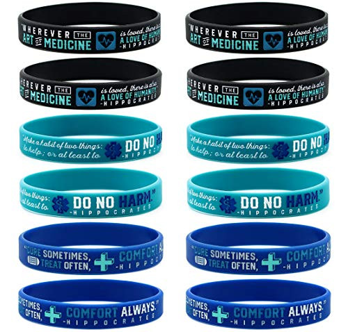 12-pack Inspirational Medical Wristbands with Hippocratic Quotes - Wholesale Bulk Medical Gifts for Essential Healthcare Workers and Medical Students - Nurses Doctors Medical Assistants Professionals Men Women