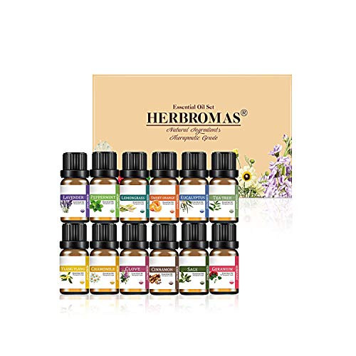 HERBROMAS - Essential Oils Set Top 12 x10ml 100 Pure and Natural Oils for Aromatherapy Diffuser Lavender Ylang Chamomile Clove Cinnamon Sage Geranium
