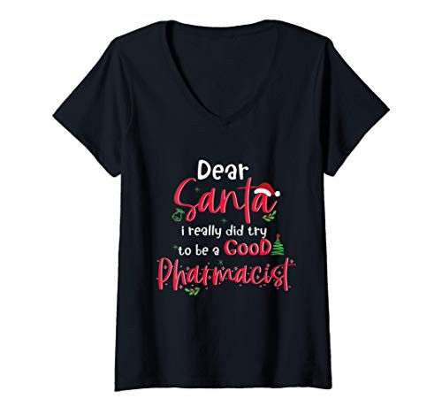 Womens Christmas Pharmacist Santa Pharmacy Tech Technician Gift V-Neck T-Shirt