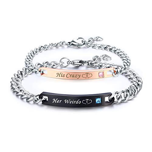 LAVUMO His Hers Couples Bracelets King and Queen Matching Set Anniversary Promise Gifts Stainless Steel 2pcs His Crazy Her Weirdo 1 pair