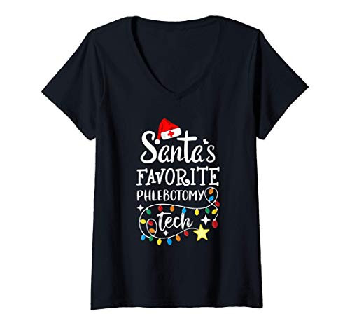 Womens Santas Favorite Phlebotomy Tech Merry Christmas Technician V-Neck T-Shirt